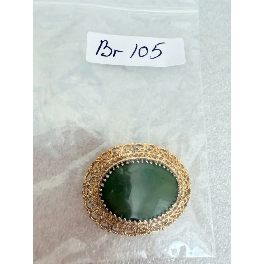 Vintage 1960s Karen Lynne Sterling Silver Gold Vermeil Green Jade Filigree Brooc